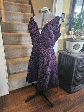 Maurices Purple & Black Scroll-Print V-Neck Fit-and-Flare Midi Dress